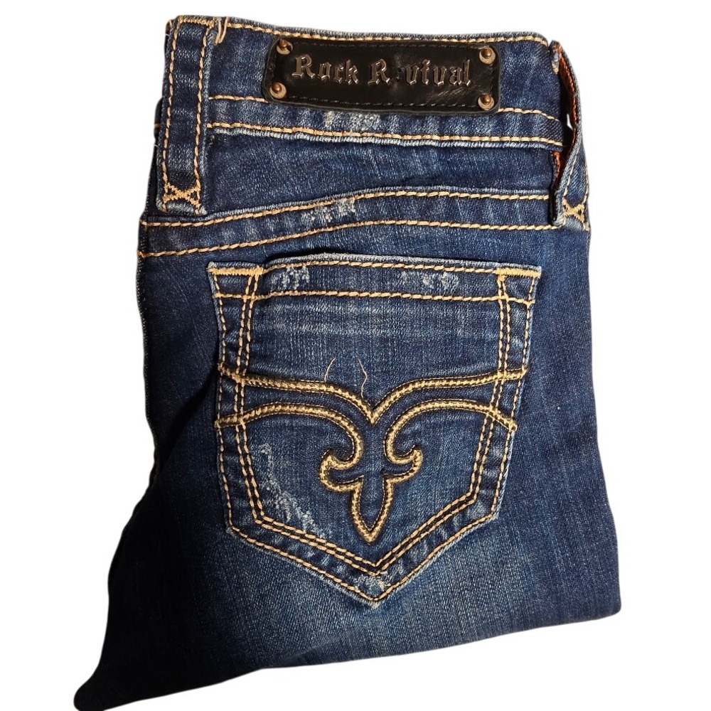 Rock Revival Womens Janet Boot/cut Jeans DarkWash Fleur De Lis Distressed  S 29
